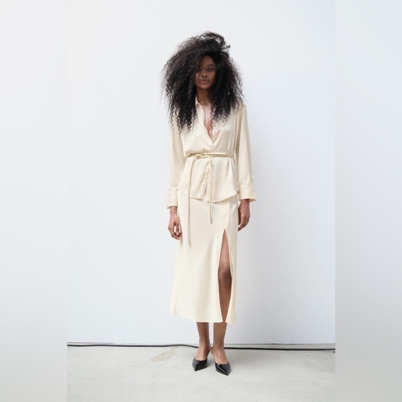 NWT Zara SET Cream Ecru Mixed Organza Satin Effect Blouse Skirt L XL - Picture 1 of 16